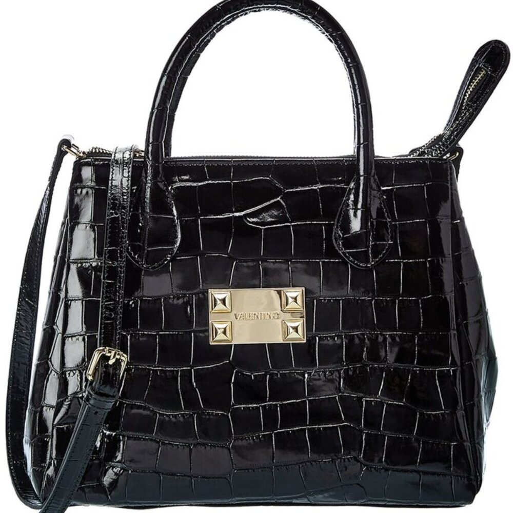 NWT ✅ Valentino Ally Croc-Embossed Leather Tote in BLACK / GOLD🌟 NWT + DUST BAG